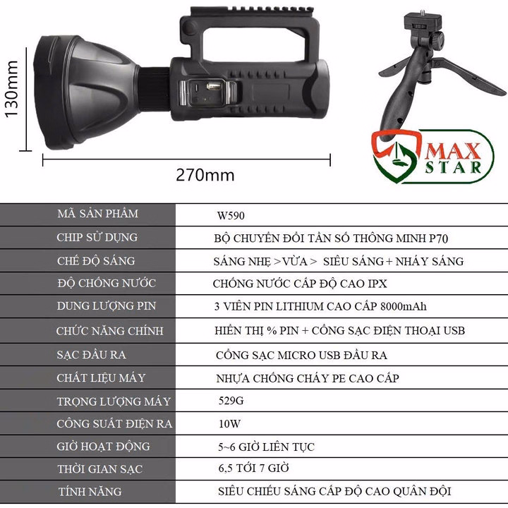 Đèn Pin Cầm Tay W591 Chóa Lớn Siêu Sáng Chiếu Xa 1000M Pin 9000Mah Có Chân Đế Tháo Rời Sạc Ngược Đt Gd258 - Lady'S Passion - Ảnh 5