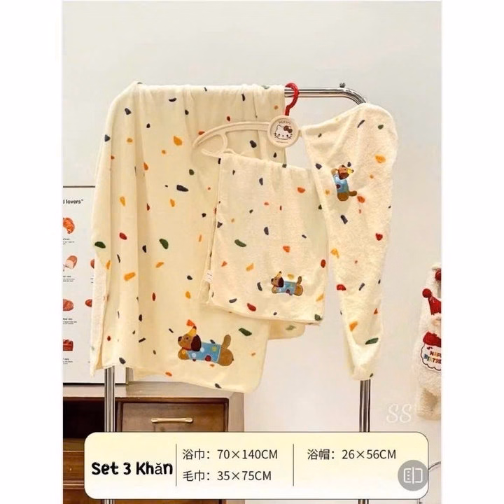 Sét Khăn Tắm Cún Chấm Bi Siêu Thấm Hút Nước - Ảnh 6