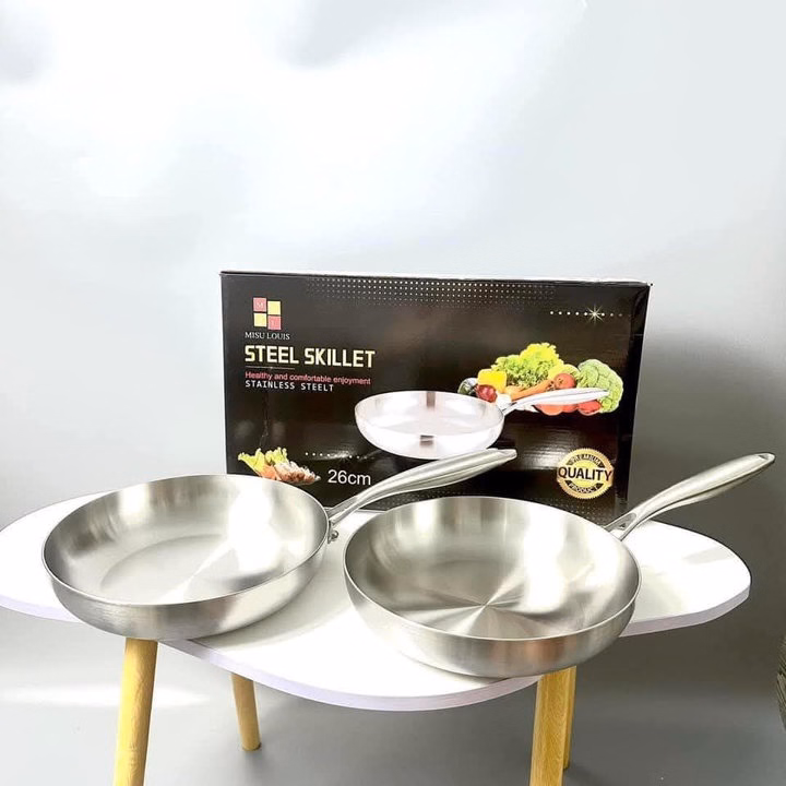 Chảo Inox Chống Dính, Đáy Liền Nguyên Khối Dầy Dặn, Dễ Dàng Vệ Sinh, Không Kén Bếp