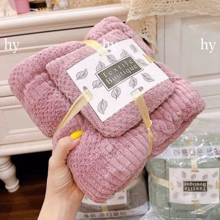 Set 2 Khăn Tắm Lông Cừu Xuất Hàn Siêu Mềm Mịn Thấm Hút Nước - Ảnh 2