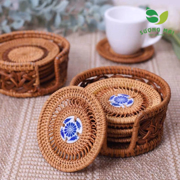 Đế Chén Mây Tre - Gốm Sứ Trắng - 10Cm - Sương Mai