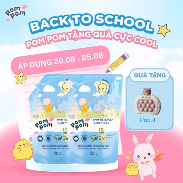 [Combo 2 Túi 2.7L] - Dành Cho Bé Sơ Sinh - Gel Giặt Xả 2In1- Sạch Sâu - Kháng Khuẩn - Khử Mùi Nôn Trớ, Ọc Sữa, Tè Khai-Lưu Hương Phấn Thơm Dịu Nhẹ