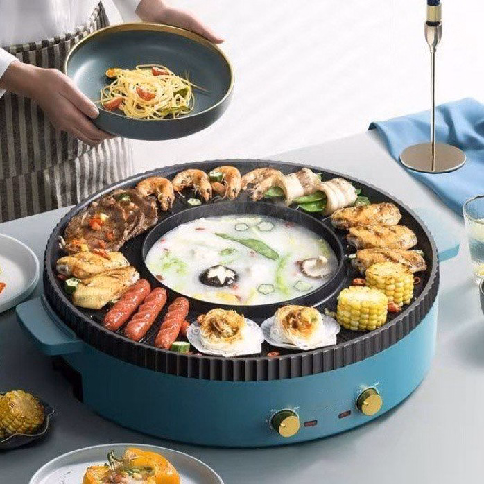 Bếp Lẩu Nướng Hình Tròn 2 Trong 1, 2 Nguồn Điện, Công Suất 2200W - Hongshuangxi - Ảnh 8