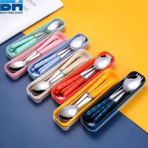 Bộ 3 Món Thìa Đũa Dĩa Inox 304 Không Gỉ, Cán Dài Cao Cấp Sang Chảnh (Giao Màu Ngẫu Nhiên) - Bách Hóa Shop