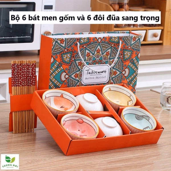 Bộ 6 Bát Ăn Bằng Gốm Và 6 Đôi Đũa Bằng Gỗ - Sương Mai - Ảnh 5