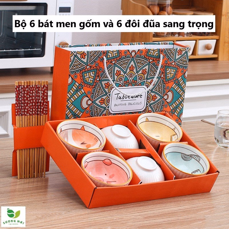 Bộ 6 Bát Ăn Bằng Gốm Và 6 Đôi Đũa Bằng Gỗ - Sương Mai - Ảnh 5