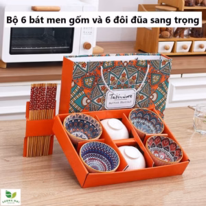Bộ 6 Bát Ăn Bằng Gốm Và 6 Đôi Đũa Bằng Gỗ - Sương Mai