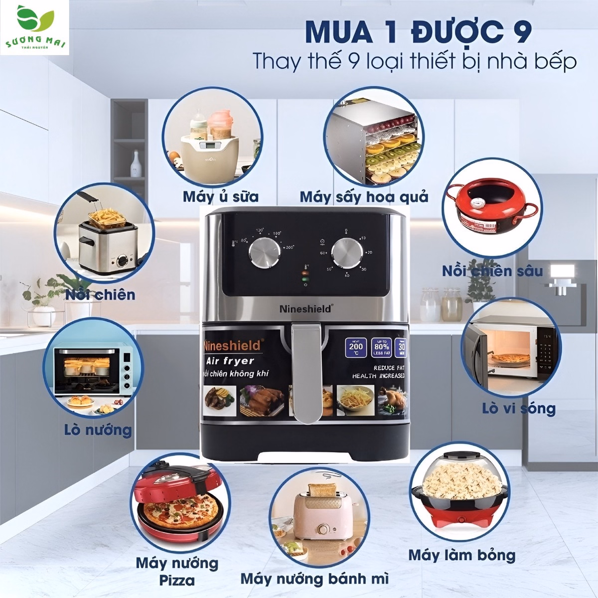 Nồi Chiên Không Dầu Dung Tích 9 Lít, Công Suất 1800W - Nineshield - Ảnh 2