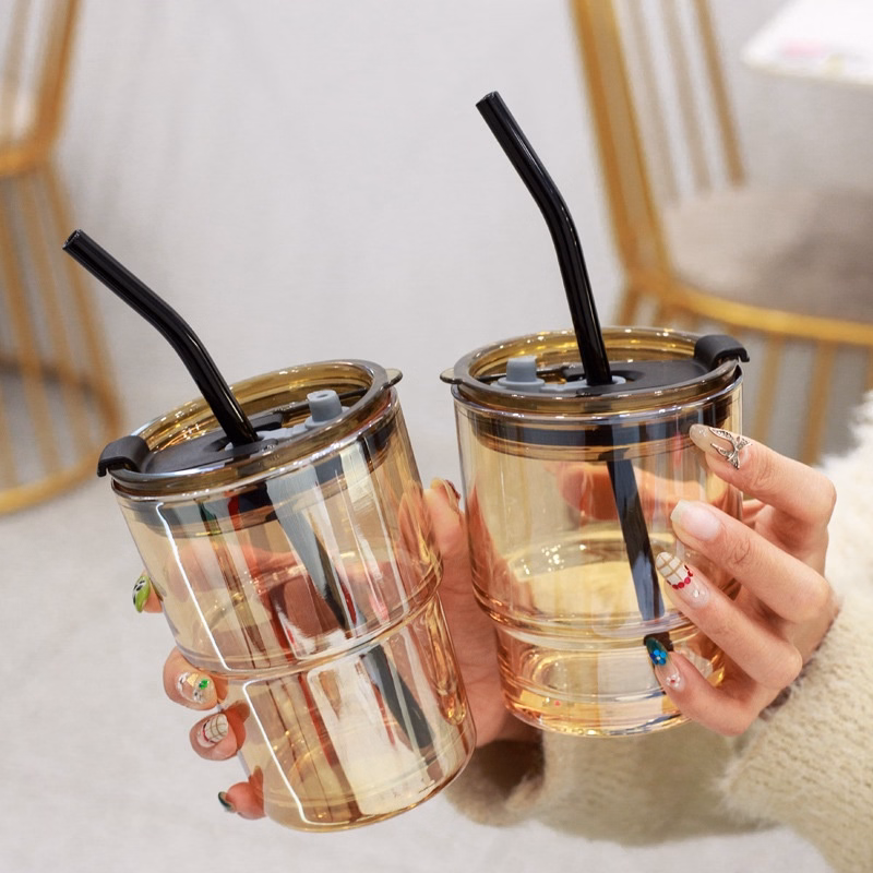 Cốc Thủy Tinh Có Nắp Bọc Da, Ống Hút 450Ml - Sương Mai - Ảnh 5