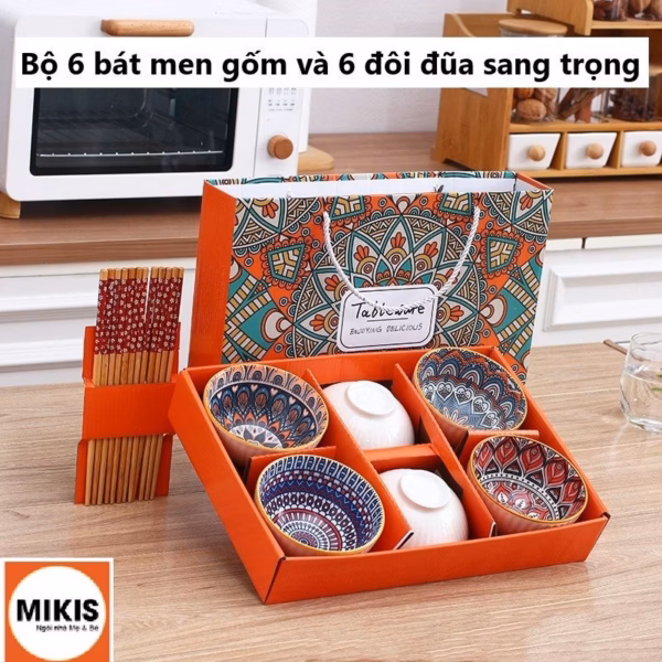 Bộ 6 Bát Ăn Bằng Gốm, 6 Đôi Đũa Bằng Gỗ - Sương Mai - Ảnh 2