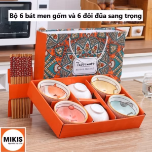 Bộ 6 Bát Ăn Bằng Gốm, 6 Đôi Đũa Bằng Gỗ - Sương Mai