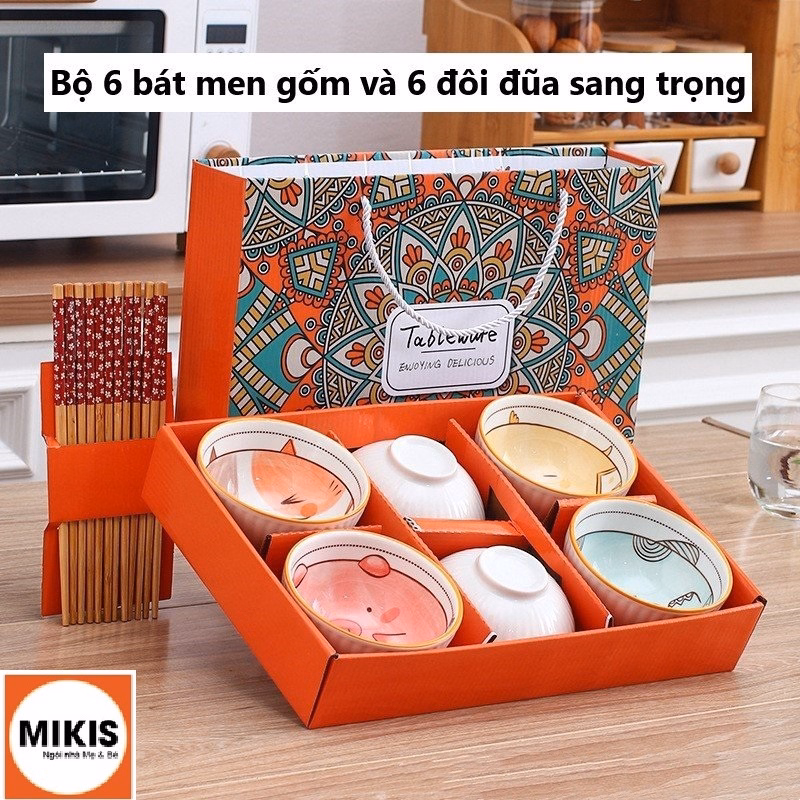 Bộ 6 Bát Ăn Bằng Gốm, 6 Đôi Đũa Bằng Gỗ - Sương Mai
