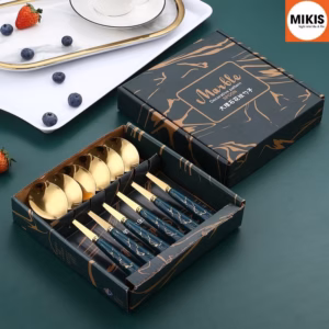 Set 6 Thìa Bằng Thép Lục Bảo Vân Đá Cao Cấp Kèm Hộp Sang Trọng - Mikis