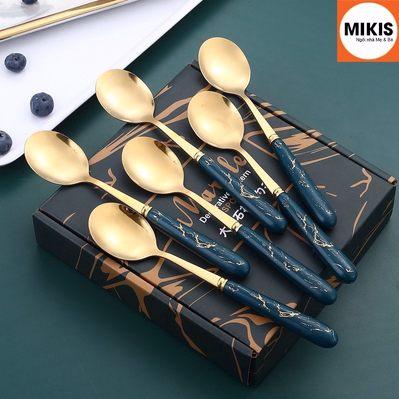 Set 6 Thìa Bằng Thép Lục Bảo Vân Đá Cao Cấp Kèm Hộp Sang Trọng - Mikis - Ảnh 4