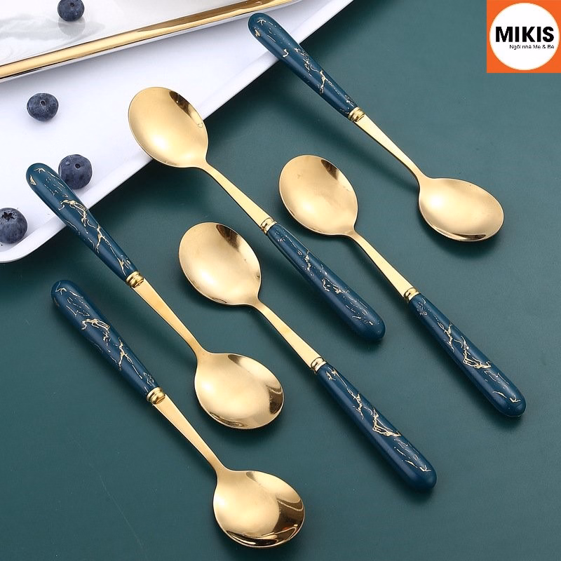 Set 6 Thìa Bằng Thép Lục Bảo Vân Đá Cao Cấp Kèm Hộp Sang Trọng - Mikis - Ảnh 2
