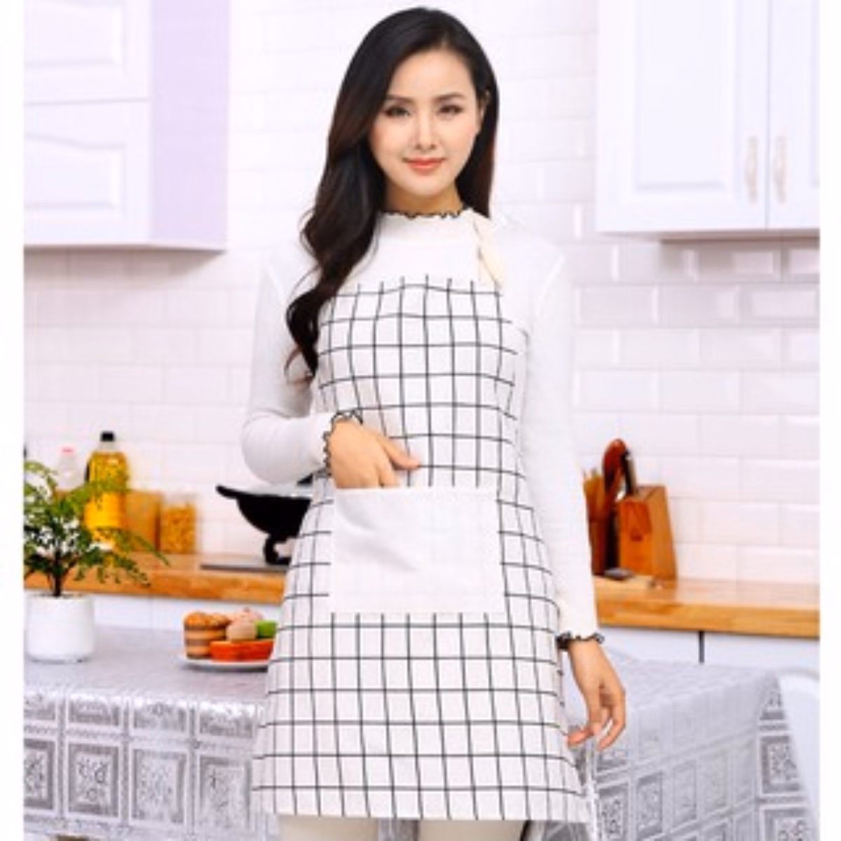 Tạp Dề Làm Bếp Chống Thấm Nước, Chống Dầu Mỡ Kẻ Caro Có Túi Siêu Tiện Lợi - Dmastore - Ảnh 3