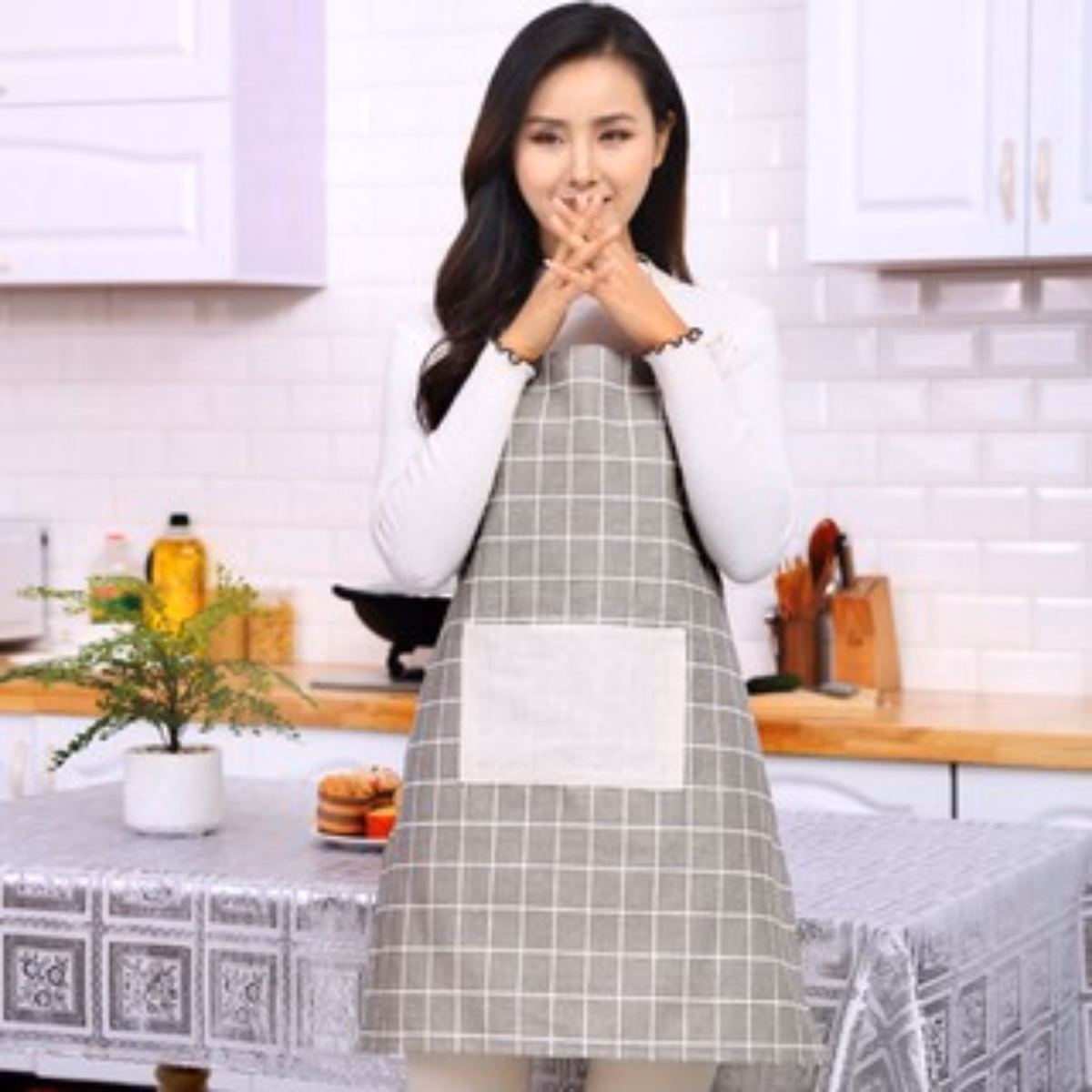 Tạp Dề Làm Bếp Chống Thấm Nước, Chống Dầu Mỡ Kẻ Caro Có Túi Siêu Tiện Lợi - Dmastore - Ảnh 4