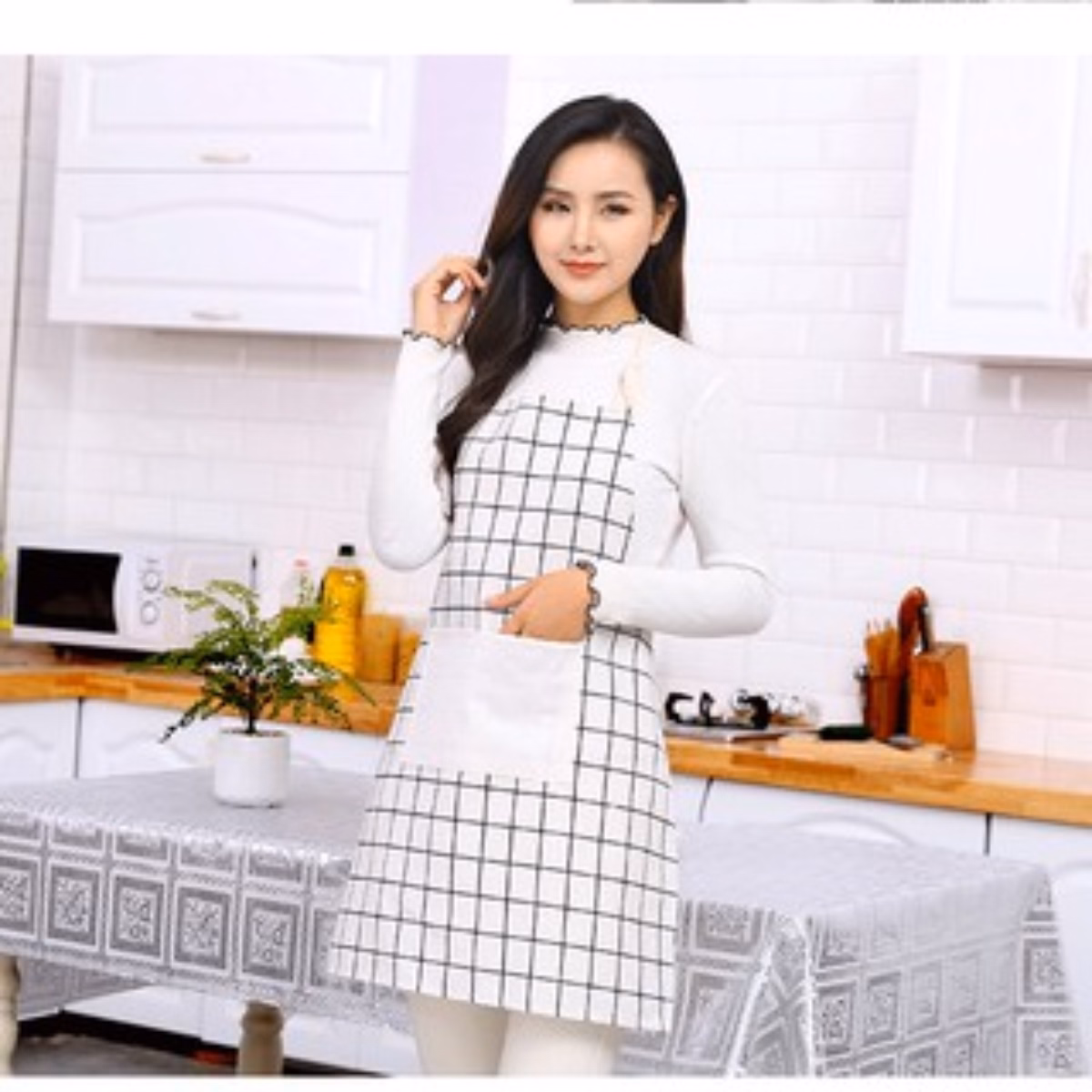 Tạp Dề Làm Bếp Chống Thấm Nước, Chống Dầu Mỡ Kẻ Caro Có Túi Siêu Tiện Lợi - Dmastore - Ảnh 7