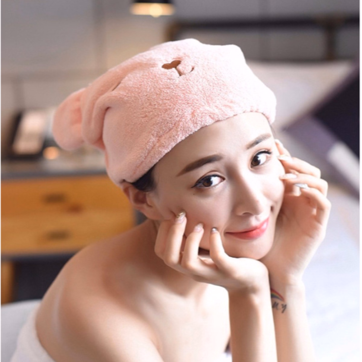 Mũ Trùm Đầu Ủ Tóc Hình Gấu Siêu Tiện Ích, Khăn Làm Khô Tóc Dạng Mũ Đa Năng - Dmastore - Ảnh 6