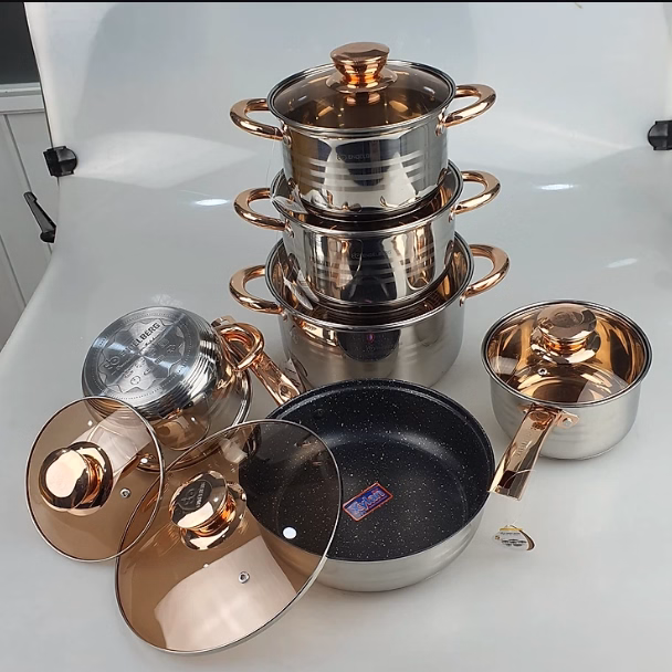 Bộ Nồi Đức Inox 6 Món, 12 Chi Tiết, Nắp Kính, Sang Trọng Ctb61 - Bechip - Ảnh 4