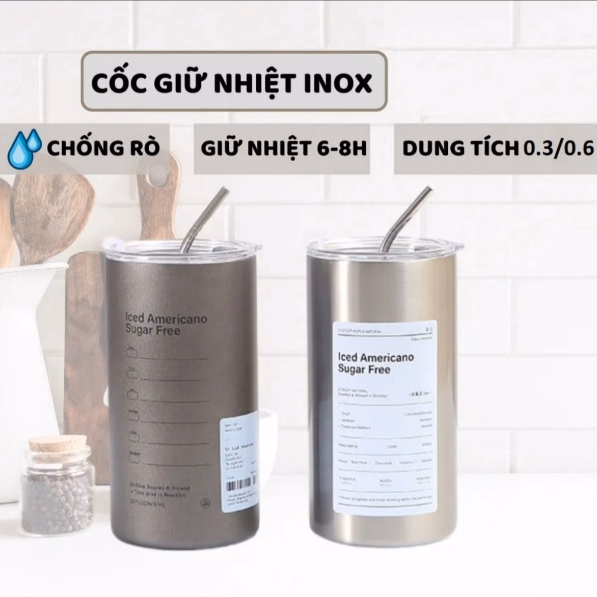 Ly Giữ Nhiệt Inox, Cốc Giữ Nhiệt 600Ml Kèm Ống Hút Americano Ctb97 - Bechip - Ảnh 10