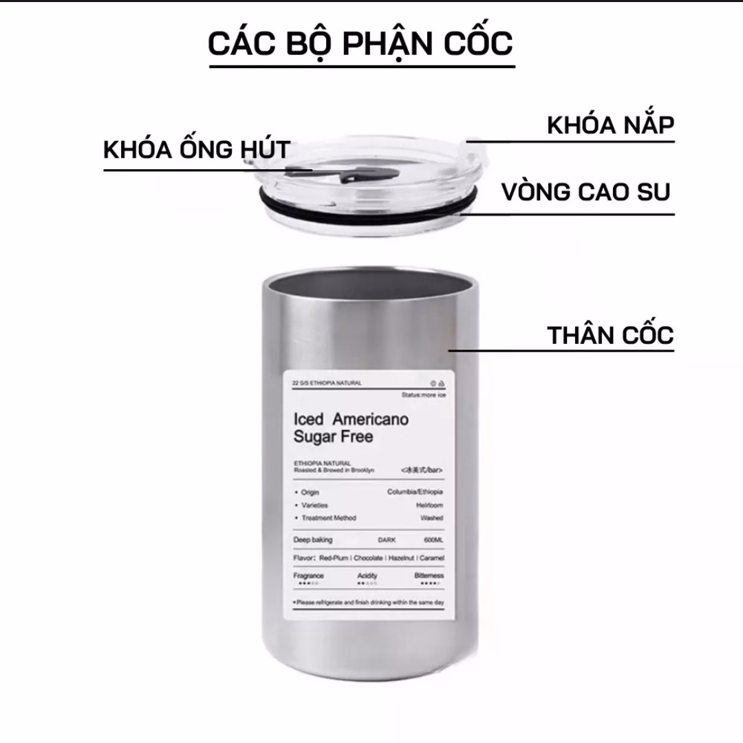 Ly Giữ Nhiệt Inox, Cốc Giữ Nhiệt 600Ml Kèm Ống Hút Americano Ctb97 - Bechip - Ảnh 15