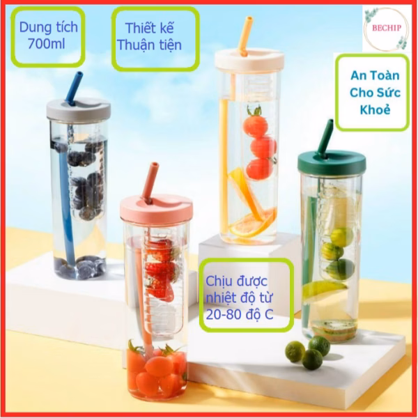Bình Nước Detox Trong Suốt 700Ml Có Ngăn Chứa Hoa Quả Và Ống Hút Tiện Lợi Ctb114 - Bechip