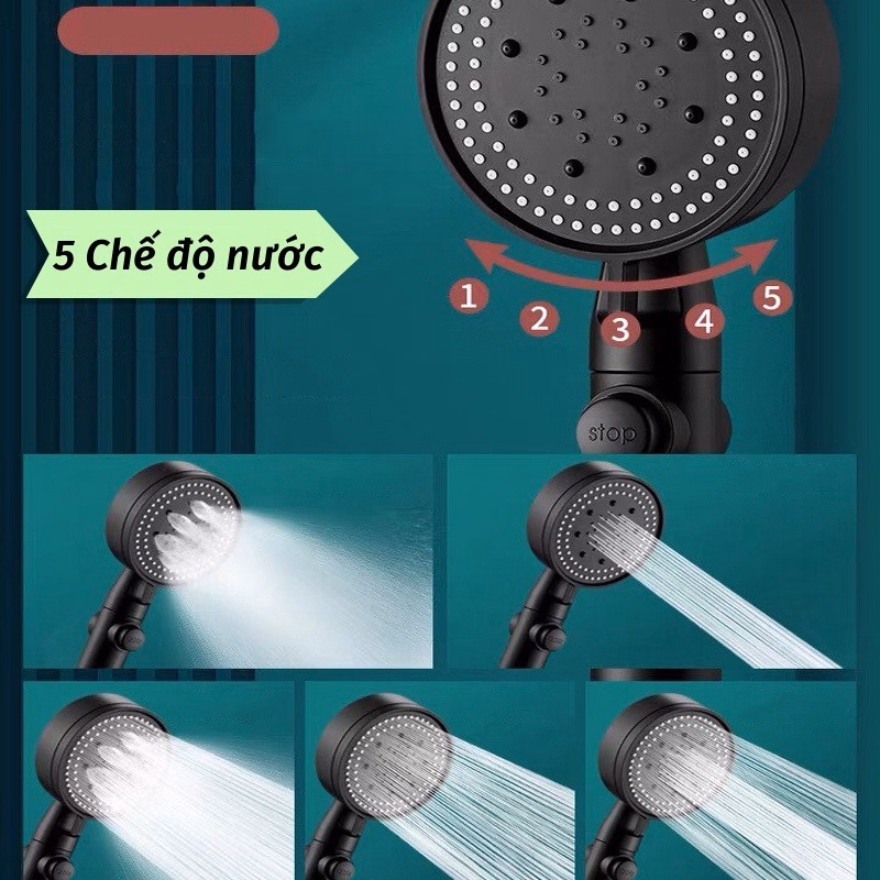 Bộ Vòi Hoa Sen Đầu Vòi Tăng Áp 5 Chế Độ Tiết Kiệm Nước Màu Đen Sang Trọng(Dây + Vòi Sen) - Ảnh 6