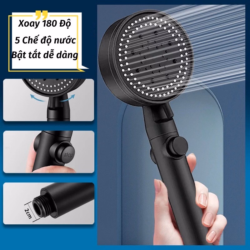 Bộ Vòi Hoa Sen Đầu Vòi Tăng Áp 5 Chế Độ Tiết Kiệm Nước Màu Đen Sang Trọng(Dây + Vòi Sen) - Ảnh 2