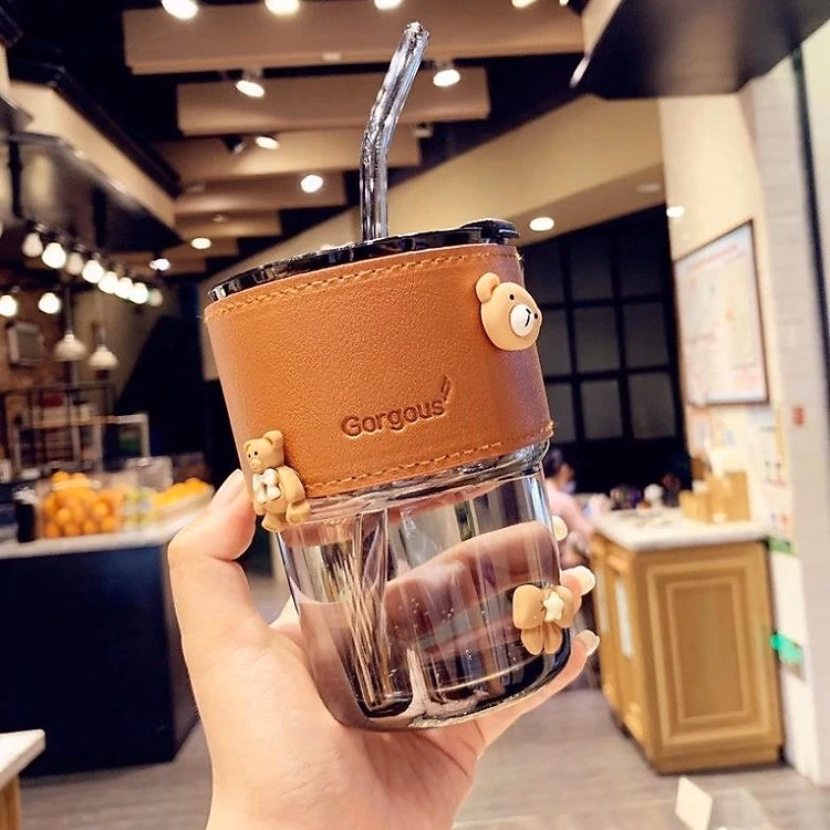 Cốc Thủy Tinh Màu Hổ Phách Bọc Da Cao Cấp 450Ml Kèm Ống Hút Ctb183 - Bechip - Ảnh 5