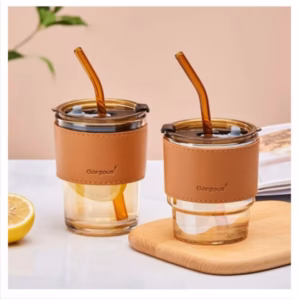 Cốc Thủy Tinh Màu Hổ Phách Bọc Da Cao Cấp 450Ml Kèm Ống Hút Ctb183 - Bechip