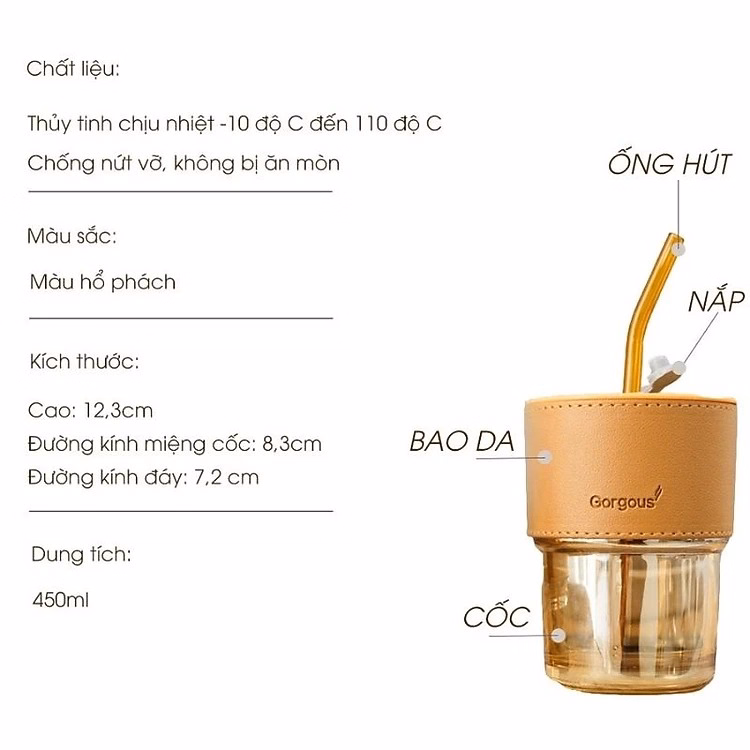 Cốc Thủy Tinh Màu Hổ Phách Bọc Da Cao Cấp 450Ml Kèm Ống Hút Ctb183 - Bechip - Ảnh 3