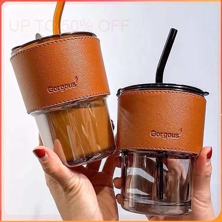 Cốc Thủy Tinh Màu Hổ Phách Bọc Da Cao Cấp 450Ml Kèm Ống Hút Ctb183 - Bechip - Ảnh 4