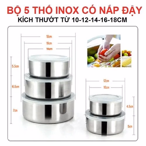 Bộ 5 Thố Inox Có Nắp Đậy - Su
