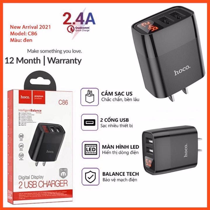 Bộ Sạc C86 - Hoco - Cho Smartphone -Thiết Kế 2 Cổng Usb-Đèn Báo Thông Số-Công Nghệ Sạc Nhanh Qc3.0-Seashop - Ảnh 4