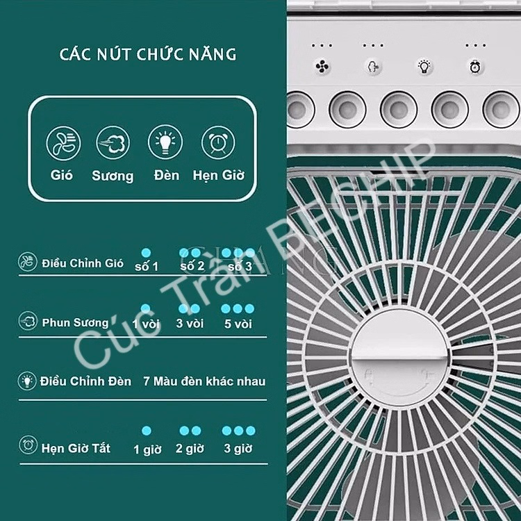 Quạt Điều Hòa Phun Sương, Quạt Điều Hòa Hơi Nước Để Bàn Kèm Đèn Led 7 Màu Ctb196 - Bechip - Ảnh 5