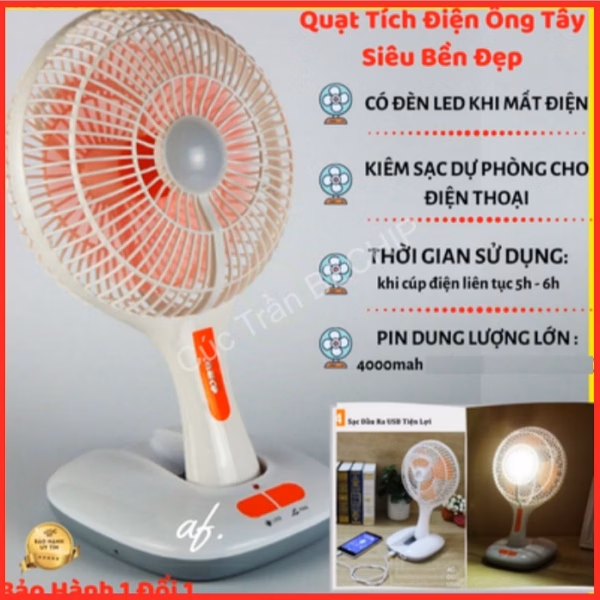 Quạt Tích Điện Ông Tây Kèm Đèn Led, Có Thể Gấp Gọn Ctb207 - Bechip