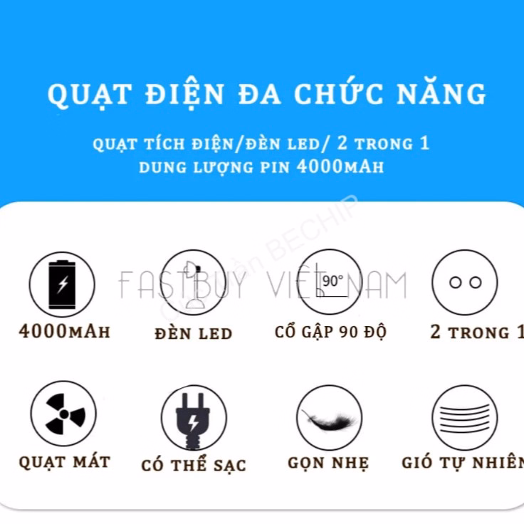 Quạt Tích Điện Ông Tây Kèm Đèn Led, Có Thể Gấp Gọn Ctb207 - Bechip - Ảnh 9