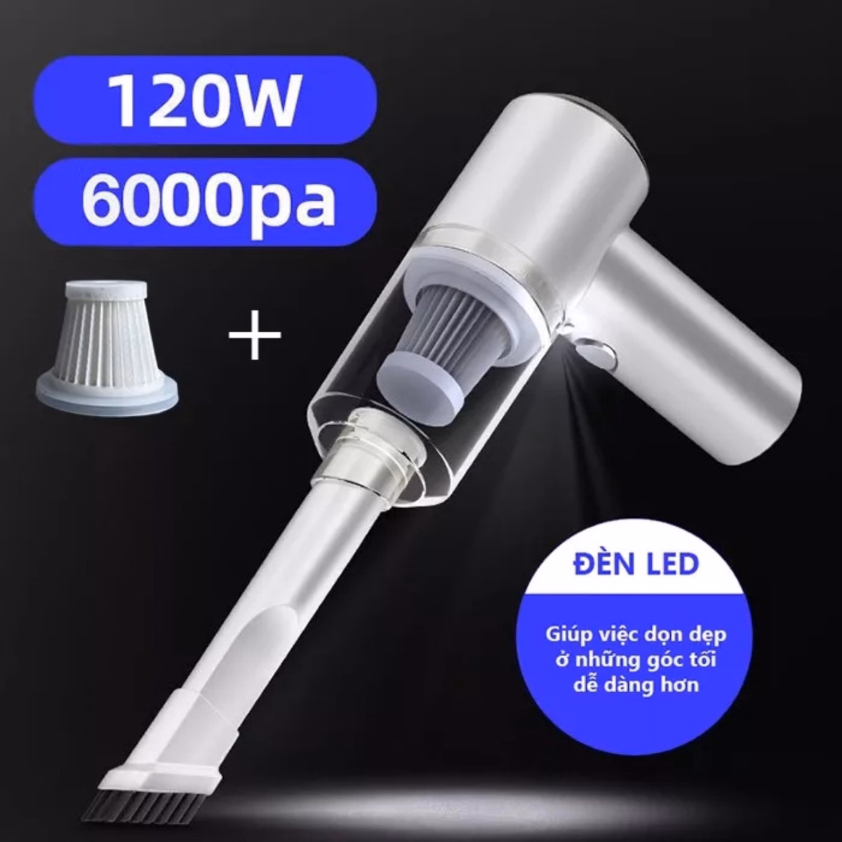 Máy Hút Bụi Oto Cầm Tay Không Dây Mini Công Suất 120W Hút Cực Mạnh 9000Pa Dung Lượng Pin 2000 Sạc Cáp Usb Gd080 - Lady'S Passion - Ảnh 5