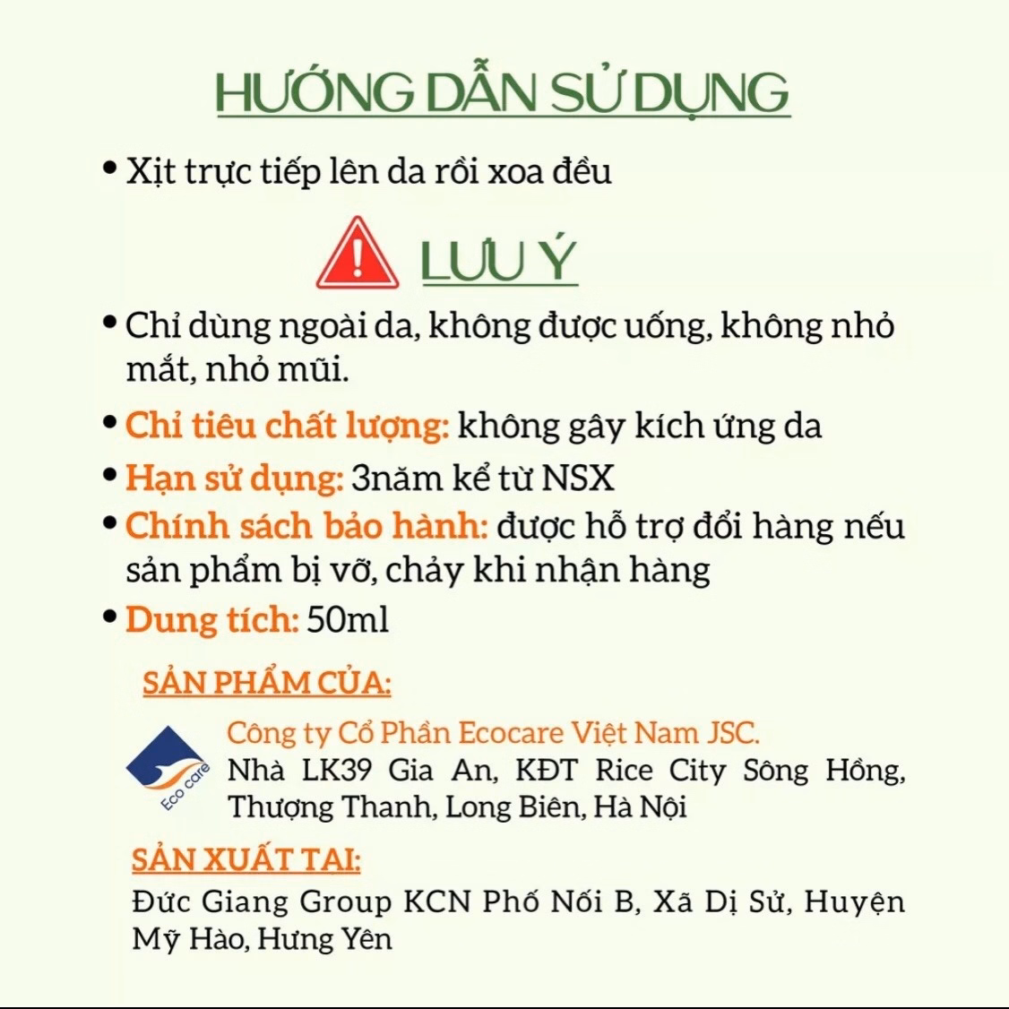 Tinh Dầu Xịt Thảo Dược Lên Da Chống Muỗi, Côn Trùng 50Ml - Ecocare - Ảnh 5