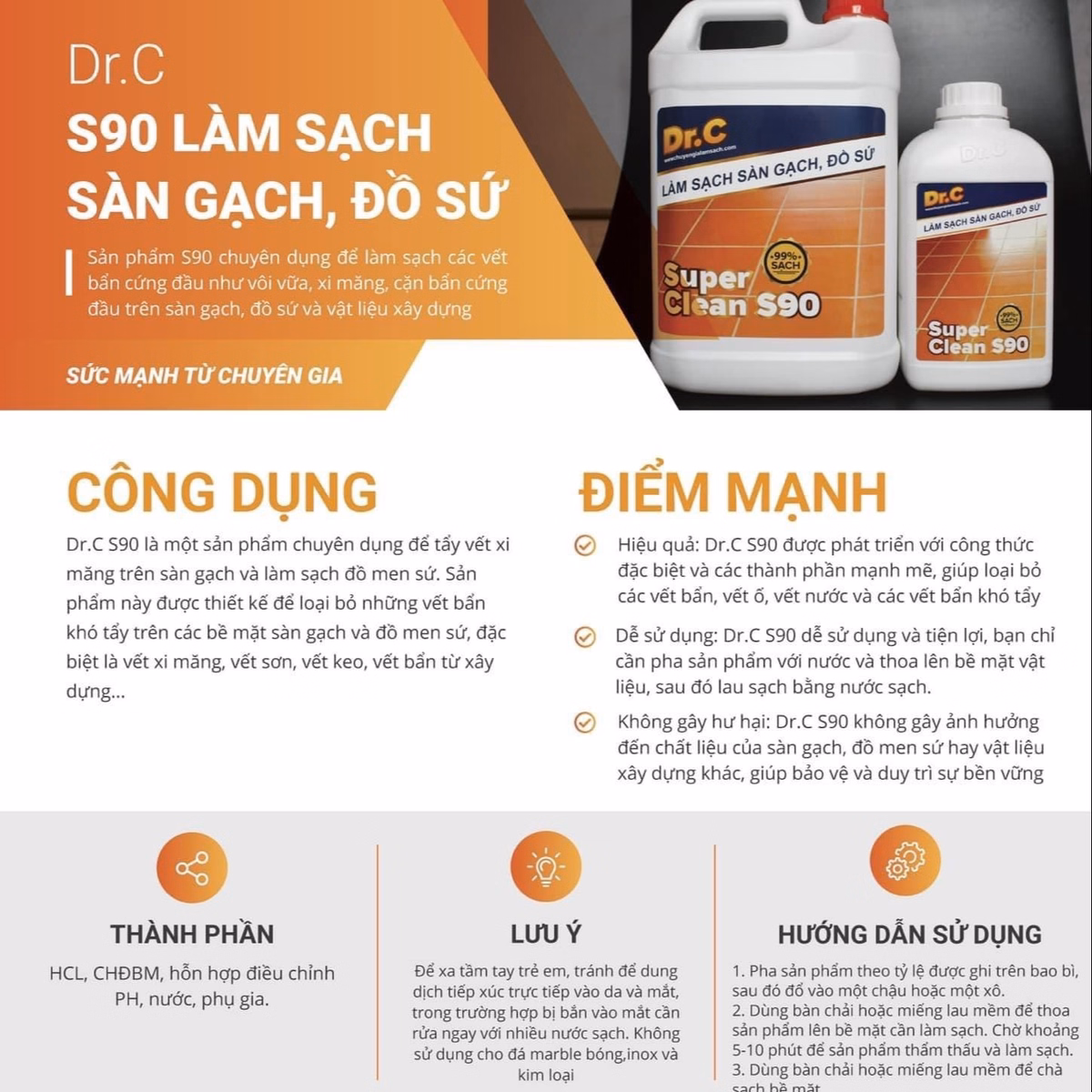 Làm Sạch Sàn Gạch, Đồ Sứ Dr.C-Super Clean S90 1000Ml-Tẩy Sàn Gạch Sứ ,Ố Vàng, Rong Rêu, Xi Măng Cũng Ra Hết Nha - Ảnh 2