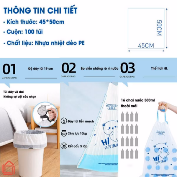 Cuộn 100 Túi Đựng Rác Dây Rút Minaier Tự Hủy, Siêu Dai, Chống Rò Rỉ Nước, Không Sợ Bẩn Tay 45*50 Cm Ctb302 - Bechip - Ảnh 8