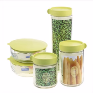 Set 5 Hộp Thủy Tinh Hình Tròn, Trụ Nắp Xanh - Gdn