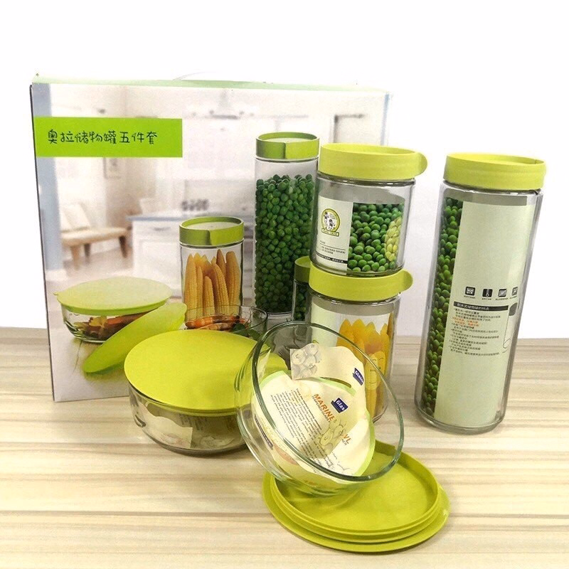 Set 5 Hộp Thủy Tinh Hình Tròn, Trụ Nắp Xanh - Gdn - Ảnh 3