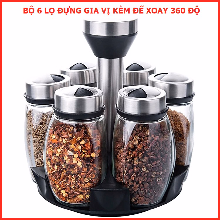Bộ 6 Lọ Đựng Gia Vị Thủy Tinh Kèm Đế Xoay 360 Độ Cao Cấp Ctb316 - Bechip