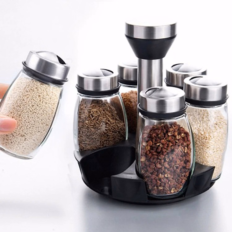 Bộ 6 Lọ Đựng Gia Vị Thủy Tinh Kèm Đế Xoay 360 Độ Cao Cấp Ctb316 - Bechip - Ảnh 3