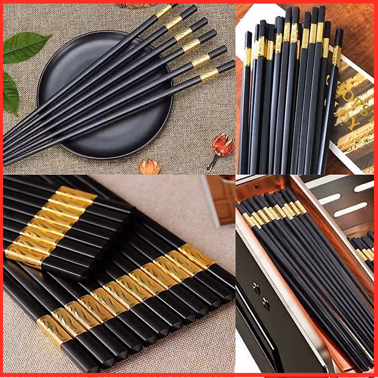 Hộp 10 Đôi Đũa Hợp Kim Mạ Vàng Phong Cách Hàn Quốc Cao Cấp Ctb318 - Bechip