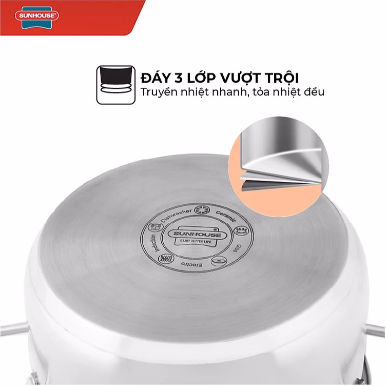 Bộ Nồi Inox 3 Đáy Sunhouse Sh335(16Cm, 20Cm, 24Cm ) - Dùng Trên Mọi Loại Bếp - Hàng Chính Hãng Ctb330 - Bechip - Ảnh 10