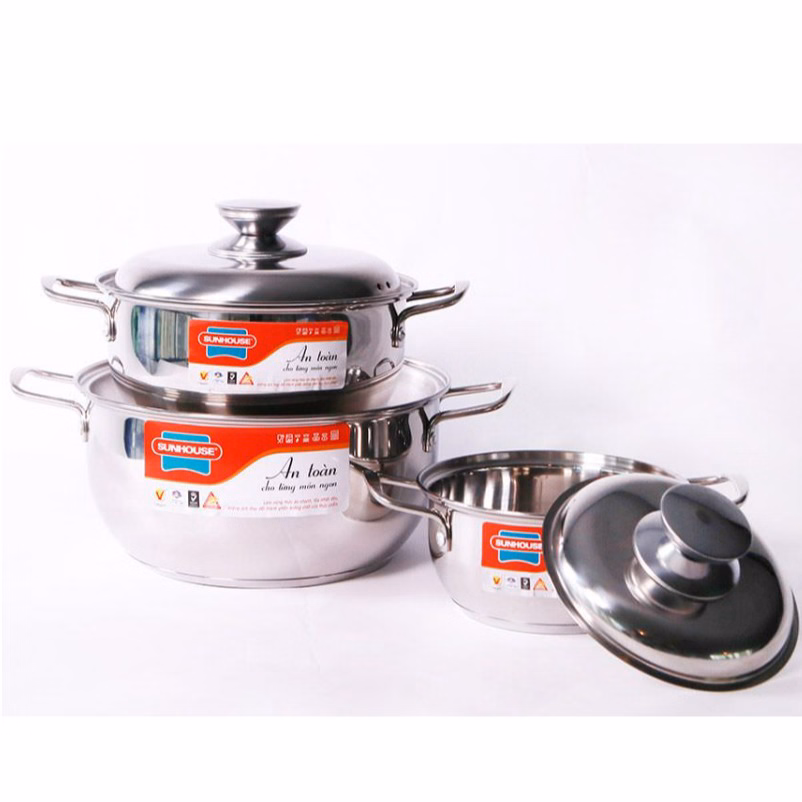 Bộ Nồi Inox 3 Đáy Sunhouse Sh335(16Cm, 20Cm, 24Cm ) - Dùng Trên Mọi Loại Bếp - Hàng Chính Hãng Ctb330 - Bechip - Ảnh 8