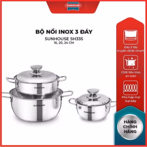 Bộ Nồi Inox 3 Đáy Sunhouse Sh335(16Cm, 20Cm, 24Cm ) - Dùng Trên Mọi Loại Bếp - Hàng Chính Hãng Ctb330 - Bechip